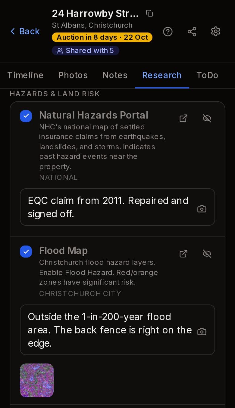 A house in Perched shared with five people: its hazard checks ticked off, with a note on each and a screenshot of the flood map